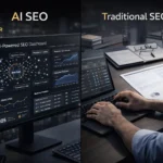 Comparison dashboard showing AI SEO automation vs traditional SEO strategy analysis