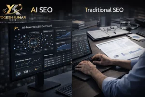 Comparison dashboard showing AI SEO automation vs traditional SEO strategy analysis