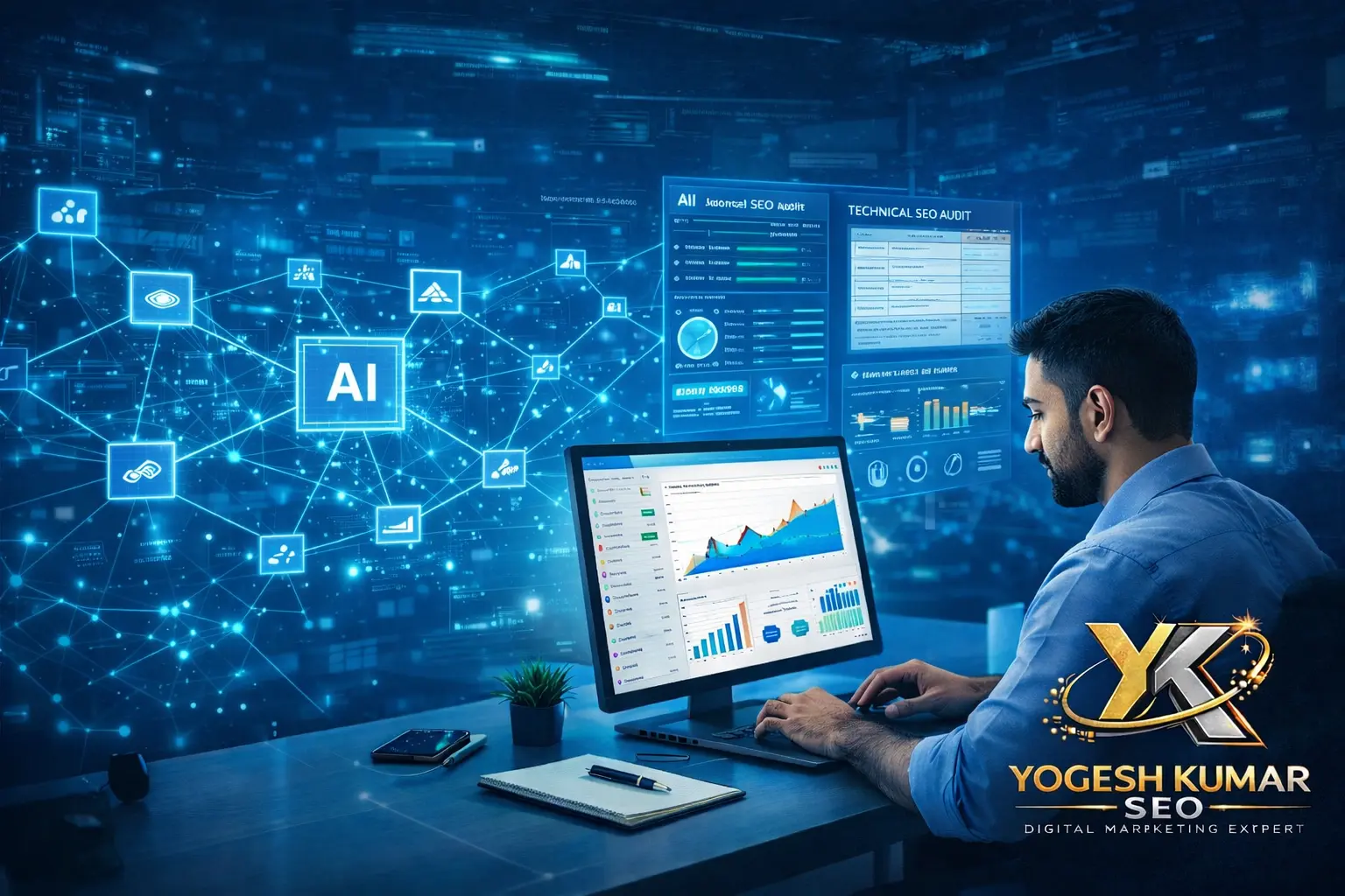 AI SEO Strategy 2026 dashboard with analytics, keyword research and backlink data