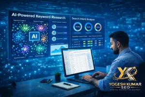 AI for Keyword Research dashboard showing keyword clustering, search intent analysis, and SEO data visualization