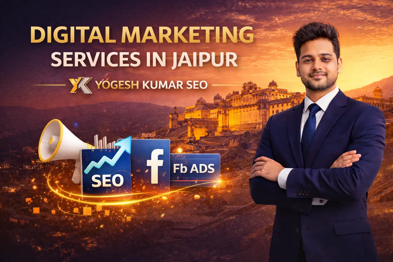 Digital marketing services in Jaipur by Yogesh Kumar SEO with modern marketing graphics and Jaipur city backdrop