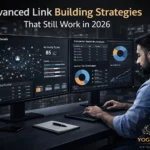 SEO expert analyzing high-authority backlinks strategy with link building dashboard and competitor backlink analysis