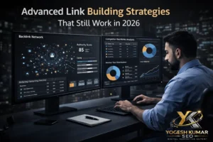 SEO expert analyzing high-authority backlinks strategy with link building dashboard and competitor backlink analysis