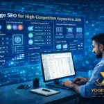 On-Page SEO expert analyzing high-competition keywords dashboard with search intent, schema markup, and content optimization metrics
