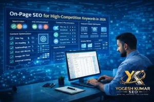 On-Page SEO expert analyzing high-competition keywords dashboard with search intent, schema markup, and content optimization metrics