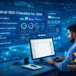 Technical SEO expert analyzing website speed, mobile-first indexing, and technical SEO audit dashboard in futuristic workspace