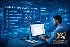 Technical SEO expert analyzing website speed, mobile-first indexing, and technical SEO audit dashboard in futuristic workspace