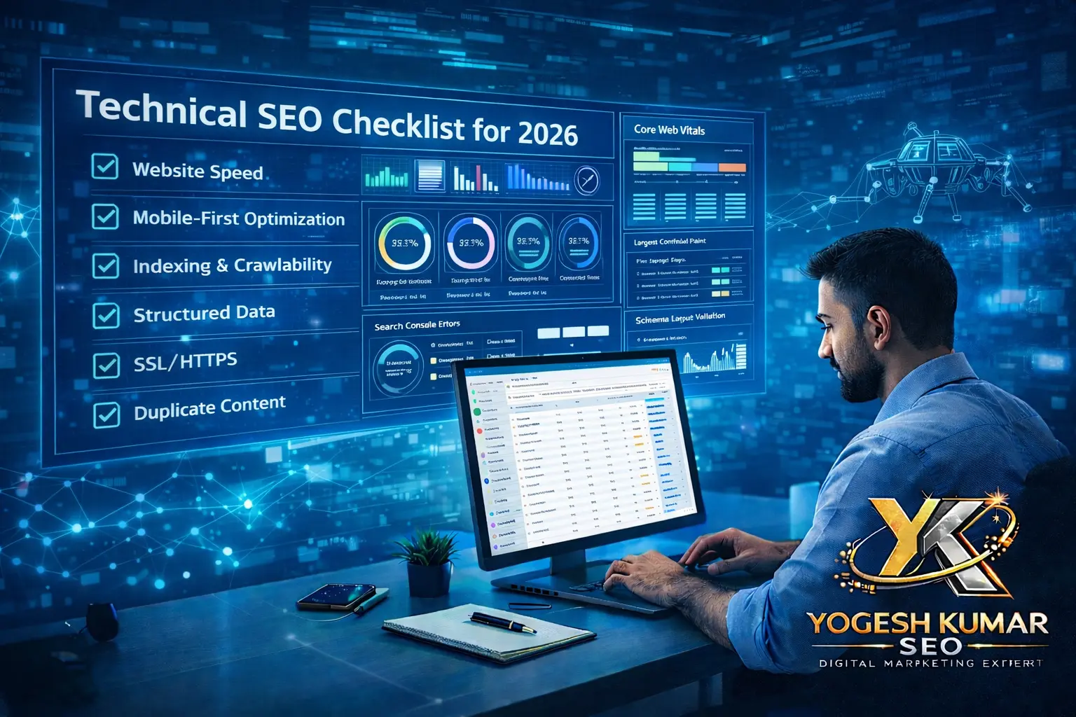 Technical SEO expert analyzing website speed, mobile-first indexing, and technical SEO audit dashboard in futuristic workspace