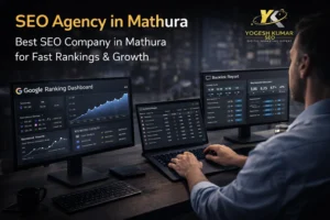 SEO expert analyzing website ranking dashboard and growth metrics