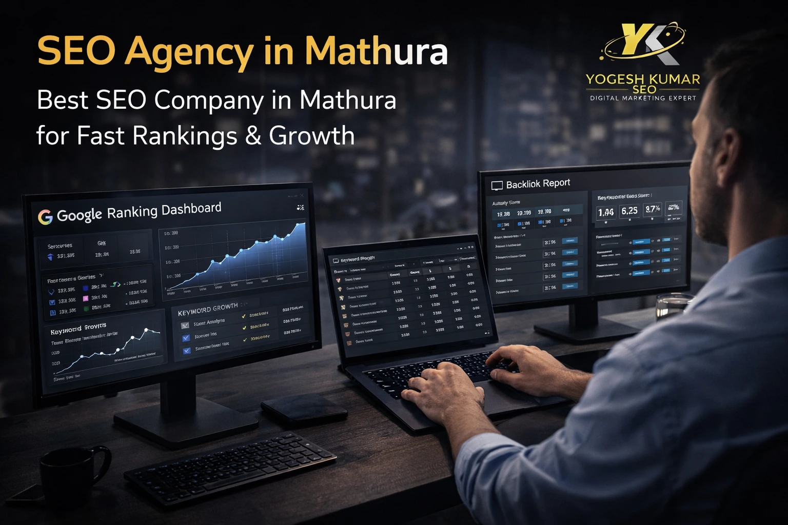 SEO expert analyzing website ranking dashboard and growth metrics